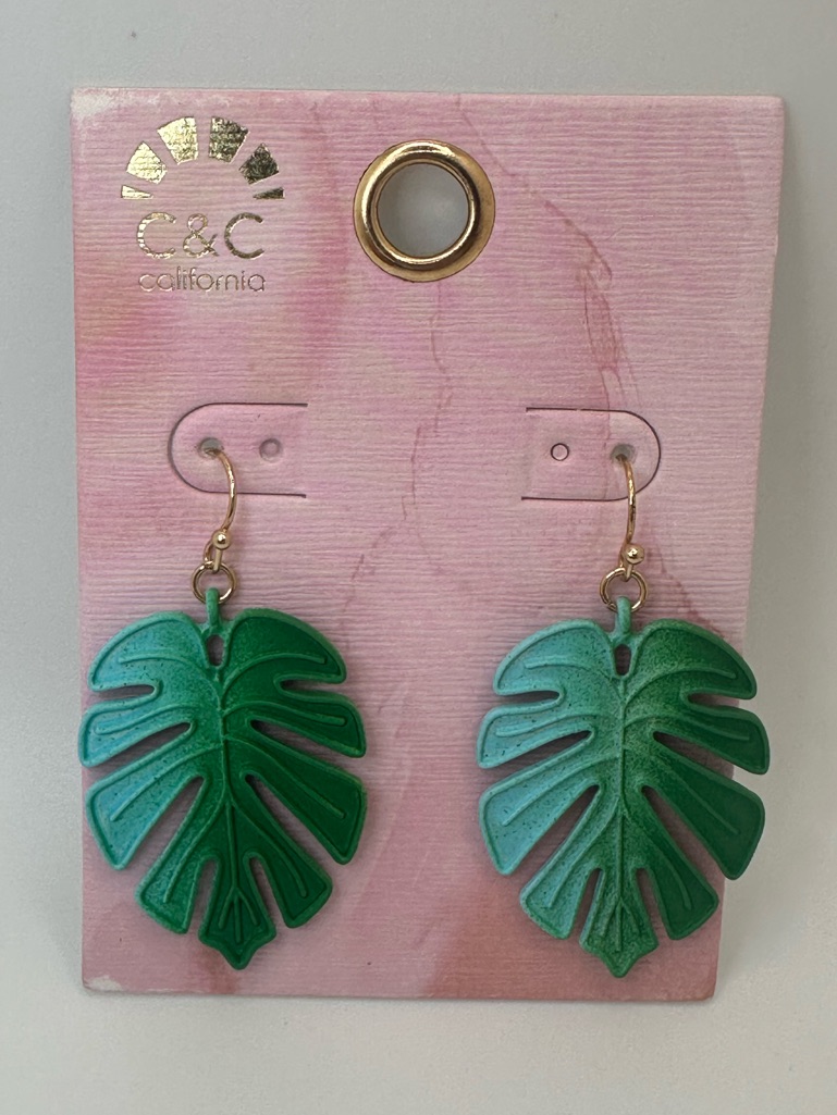 C&C California Teal And Green Monstera Leaf Dangle Earrings Nwt